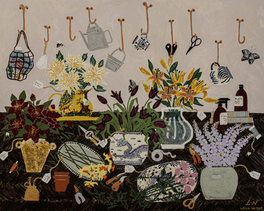 Mosaic artwork with flowers, plants, and gardening tools on a textured background