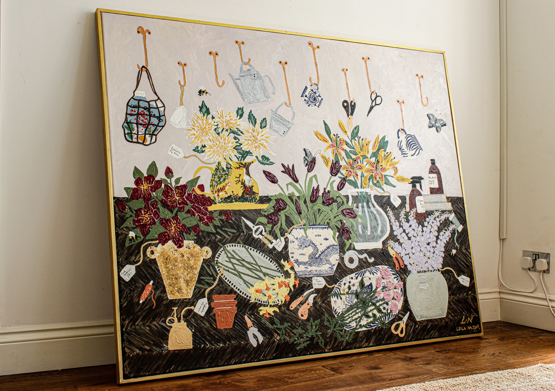 art painting with flowers bottles pant food and butterflies and bees tulips roses lilies and daffodils